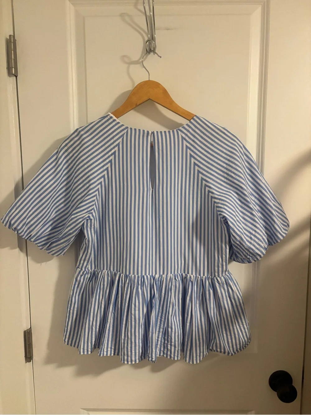 TUCKERNUCK Pomander Place Blue White Striped Preppy Cotton Peplum Blouse Small